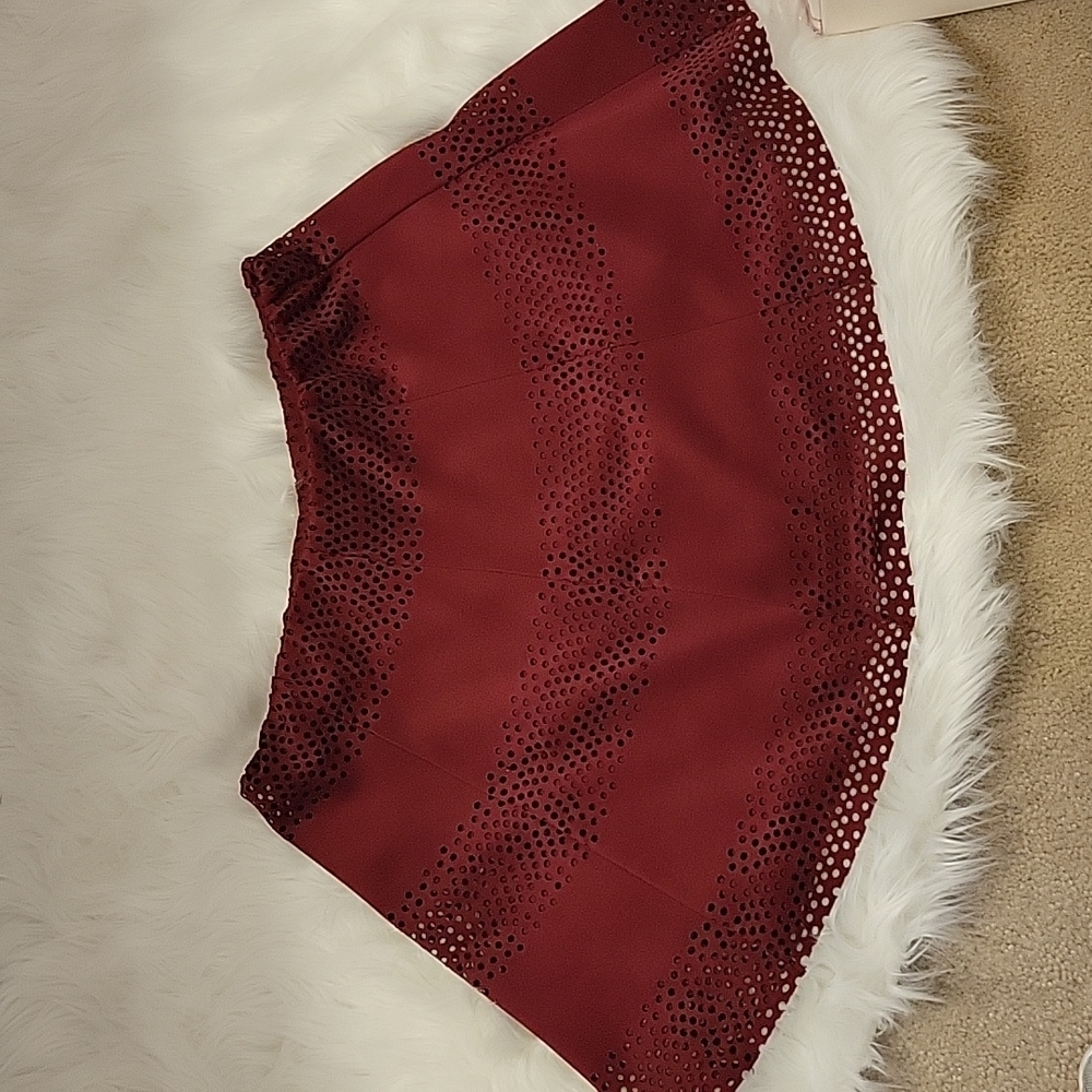 Jolt wine maroon A-line mini skirt open dots fully lined gored size Large EUC…